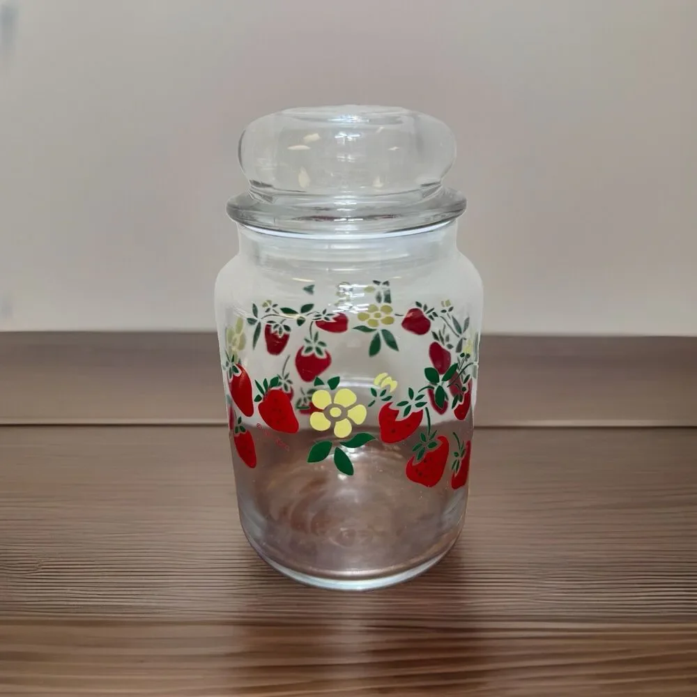 VTG Strawberry Blossom Glass Storage Jar Lid Anchor Hocking 80s Cottagecore 7in